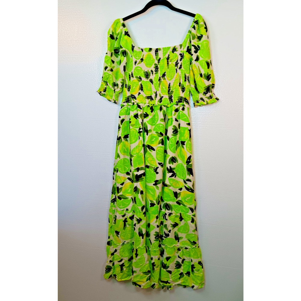 Steve Madden Sunny Lime Challis Midi Dress Women's Medium $119 Ruched Bodice